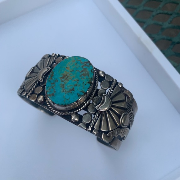 Sterling silver kingman turquoise bracelet stamped men’s jewelry southwest - Picture 6 of 8